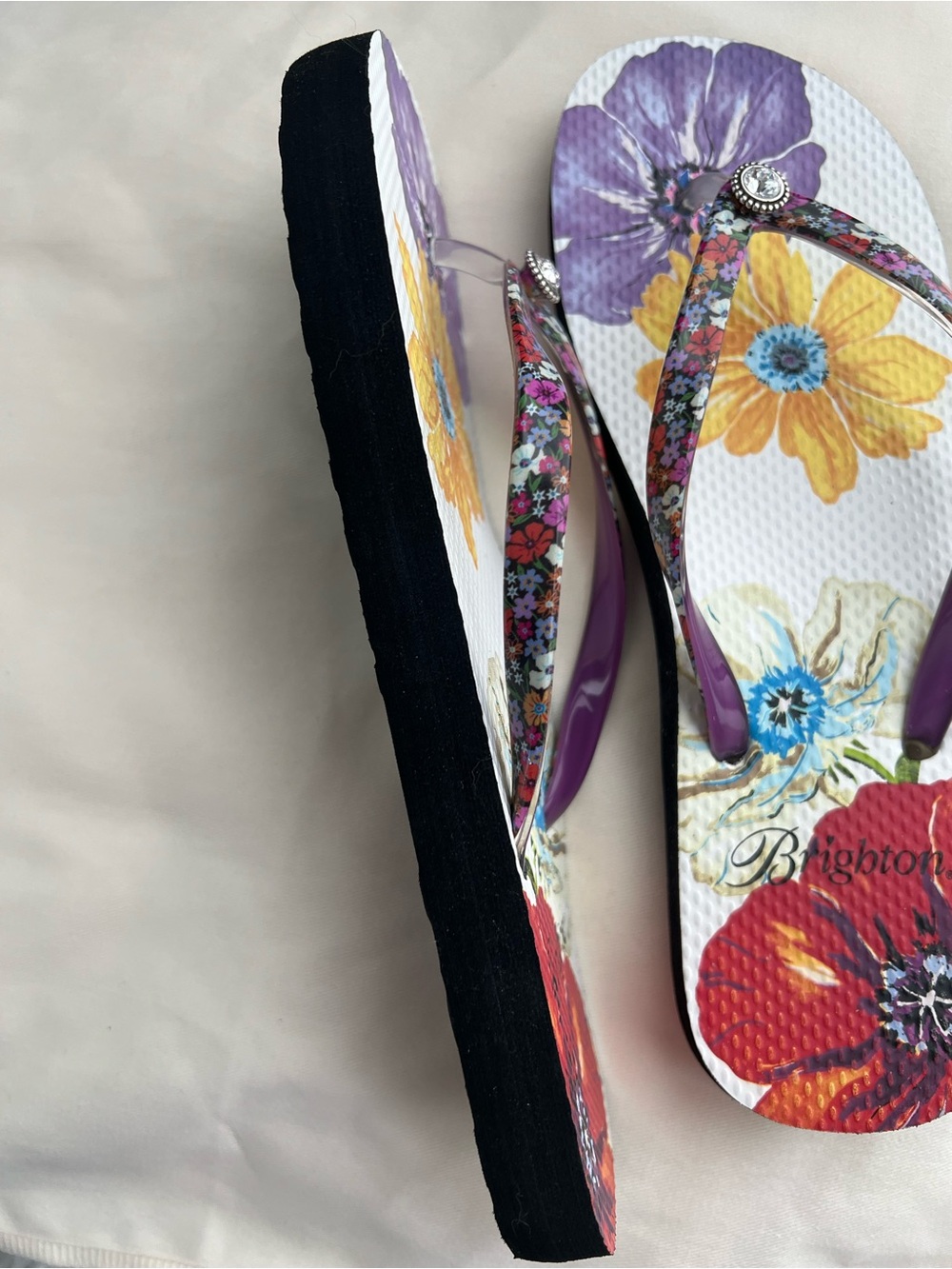Brighton Floral Flip Flop Sandals in Purple, Yellow & Red - Picture 10 of 10